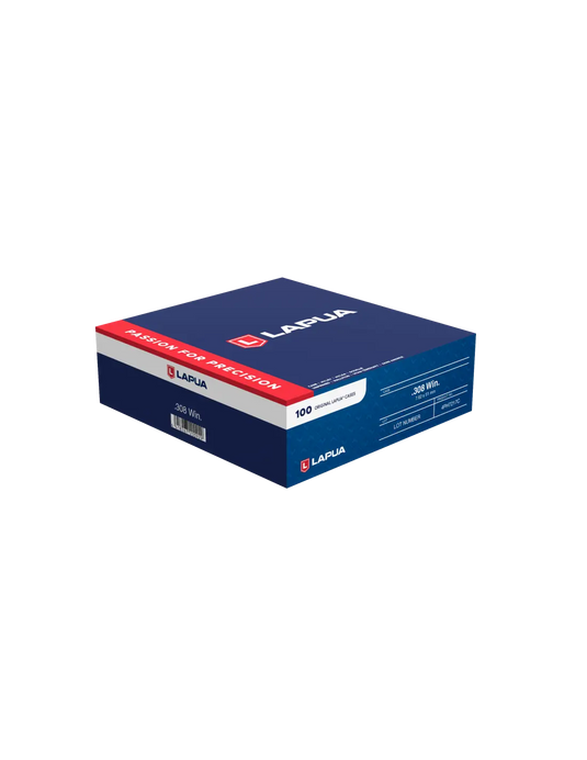 Bossoli Lapua .308 Winchester in scatola da 100 pezzi, alta qualità per tiratori sportivi.