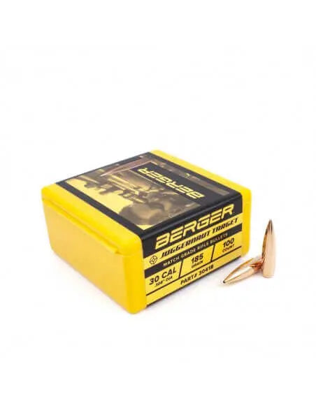 Berger .30 Cal 168GR Hybrid Target Rifle bullets in yellow packaging, 100 count box.