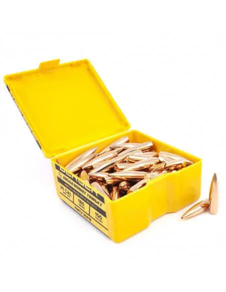Box of .30 caliber 168gr Berger Hybrid Target bullets for rifles, showcased in yellow packaging.