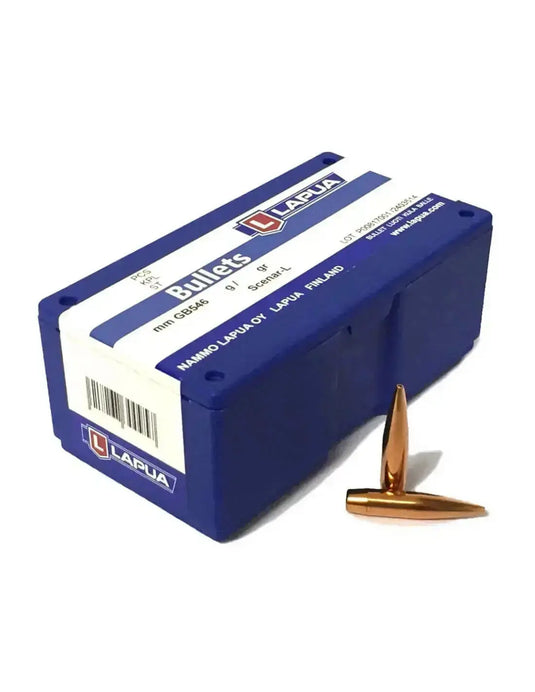 Lapua .30 Scenar-L HPBT OTM bullets box with one bullet on the side, showcasing high-quality ammunition for precision shooting.